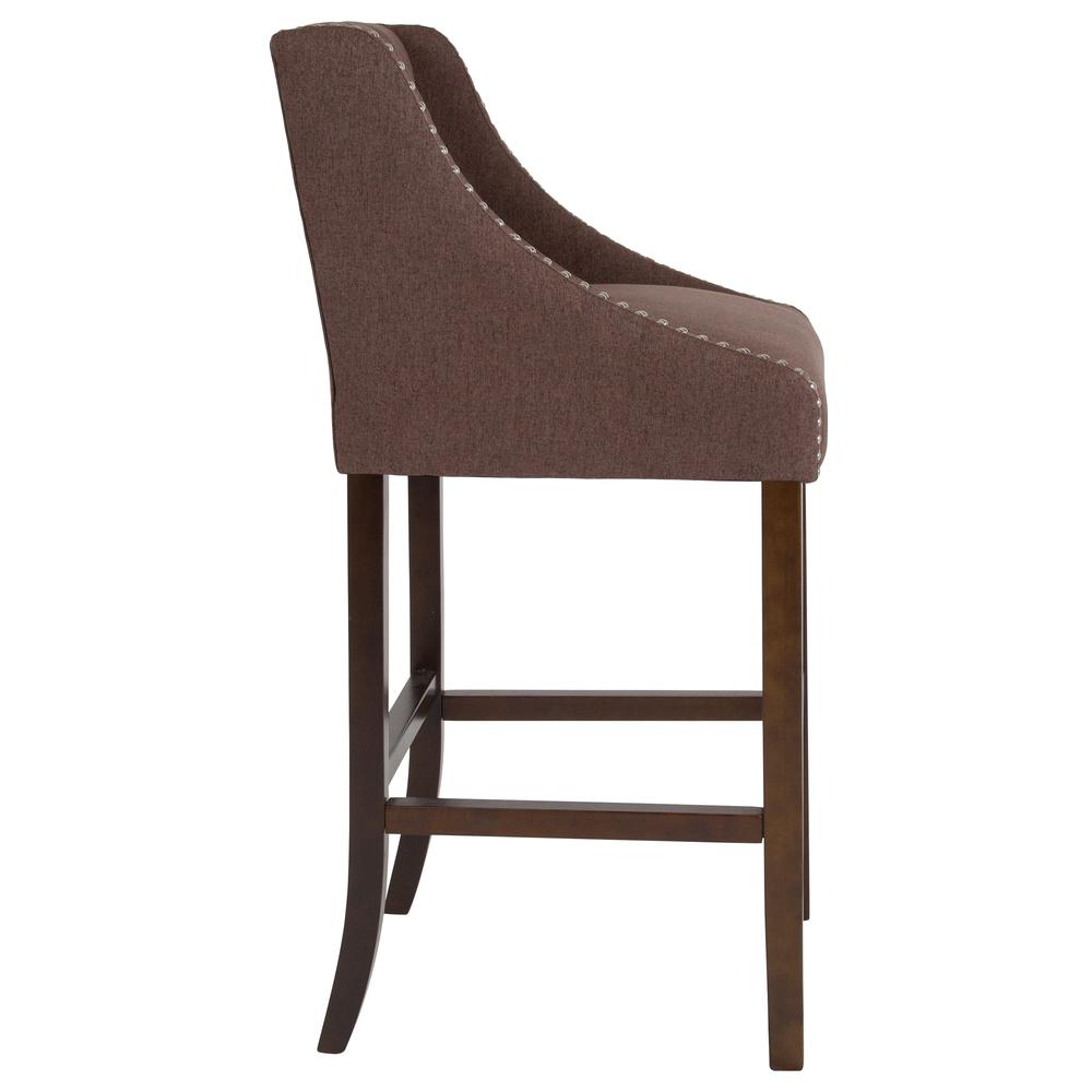 30" High Transitional Tufted Walnut Barstool-Accent Nail Trim in Brown Fabric. Picture 2