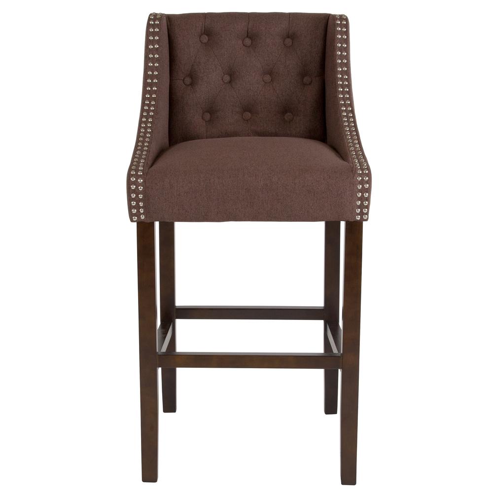 30" High Transitional Tufted Walnut Barstool-Accent Nail Trim in Brown Fabric. Picture 4