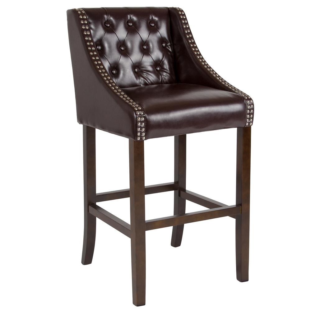 Carmel Series 30" High Transitional Tufted Walnut Barstool with Accent Nail Trim in Brown LeatherSoft. The main picture.