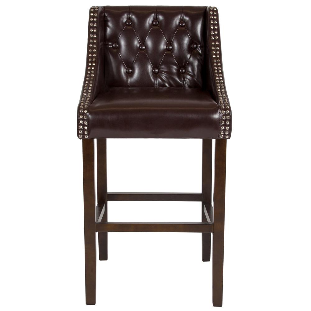 Carmel Series 30" High Transitional Tufted Walnut Barstool with Accent Nail Trim in Brown LeatherSoft. Picture 4