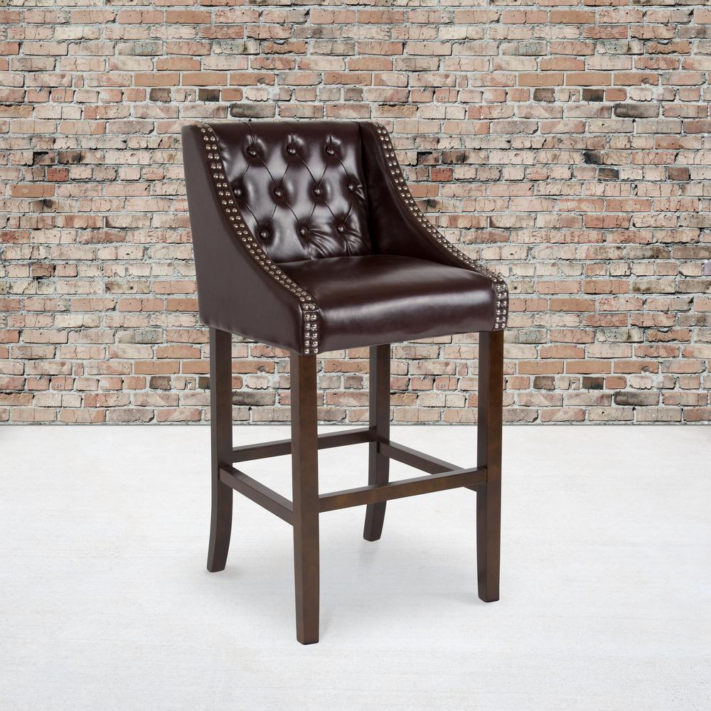 30" High Transitional Tufted Walnut Barstool with Accent Nail Trim in Brown LeatherSoft. Picture 5