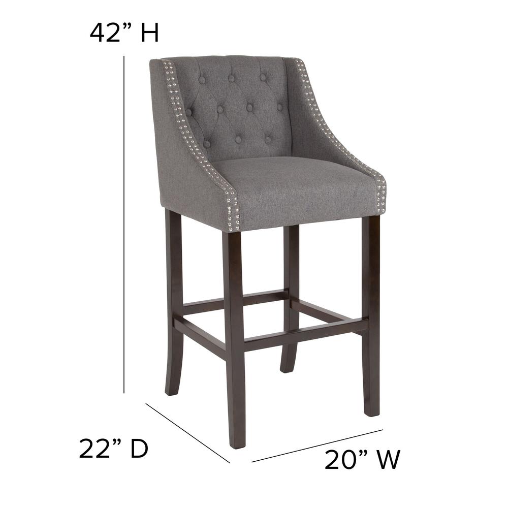 30" High Transitional Tufted Walnut Barstool with Accent Nail Trim in Dark Gray Fabric. Picture 2