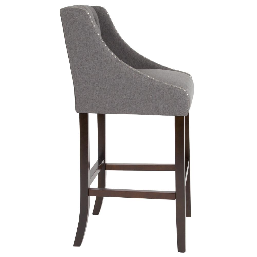 30" High Transitional Tufted Walnut Barstool with Accent Nail Trim in Dark Gray Fabric. Picture 3