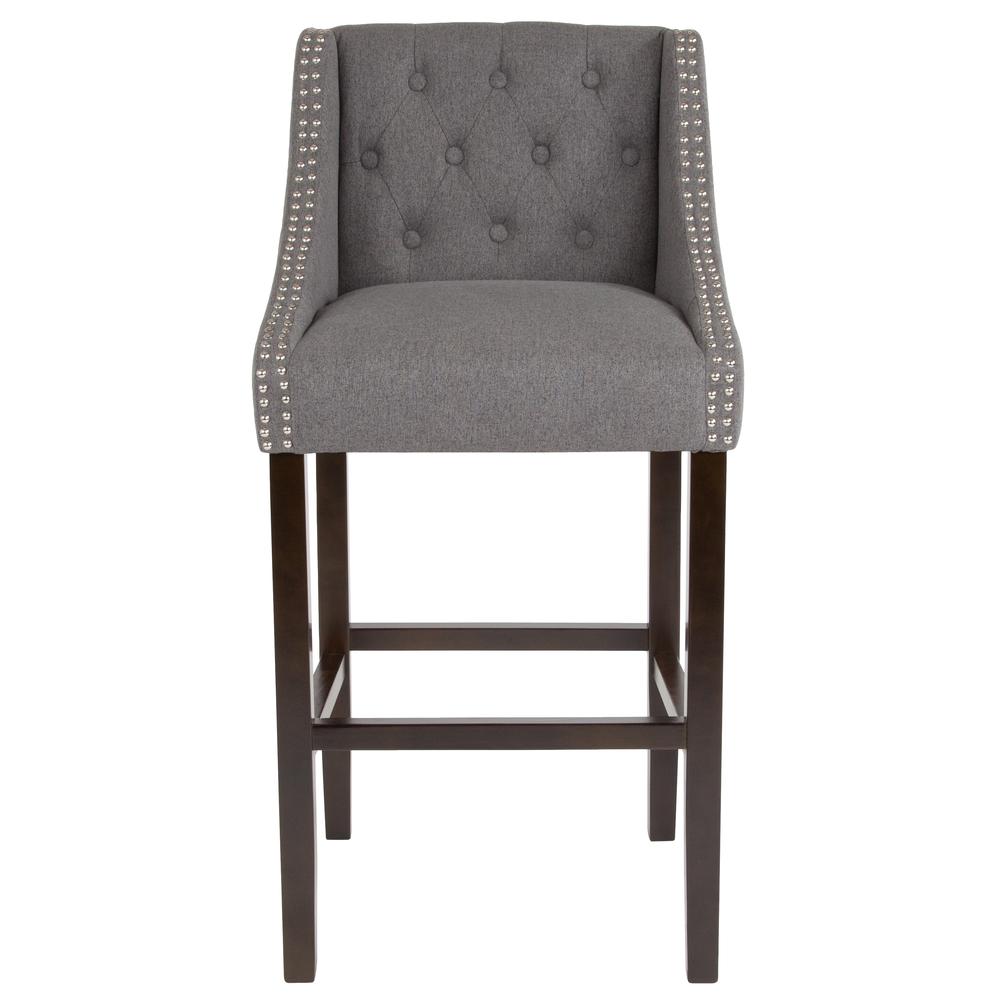 30" High Transitional Tufted Walnut Barstool with Accent Nail Trim in Dark Gray Fabric. Picture 5