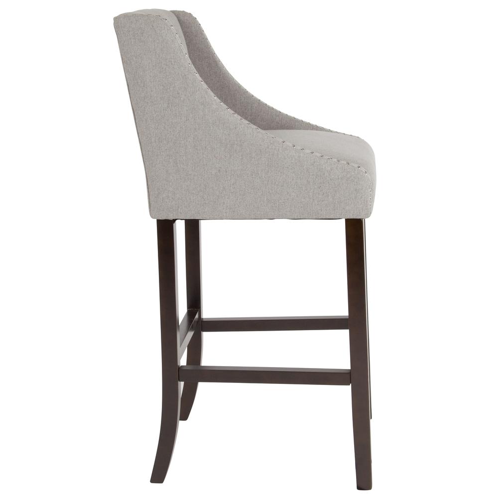 30" High Transitional Tufted Walnut Barstool with Accent Nail Trim in Light Gray Fabric. Picture 2