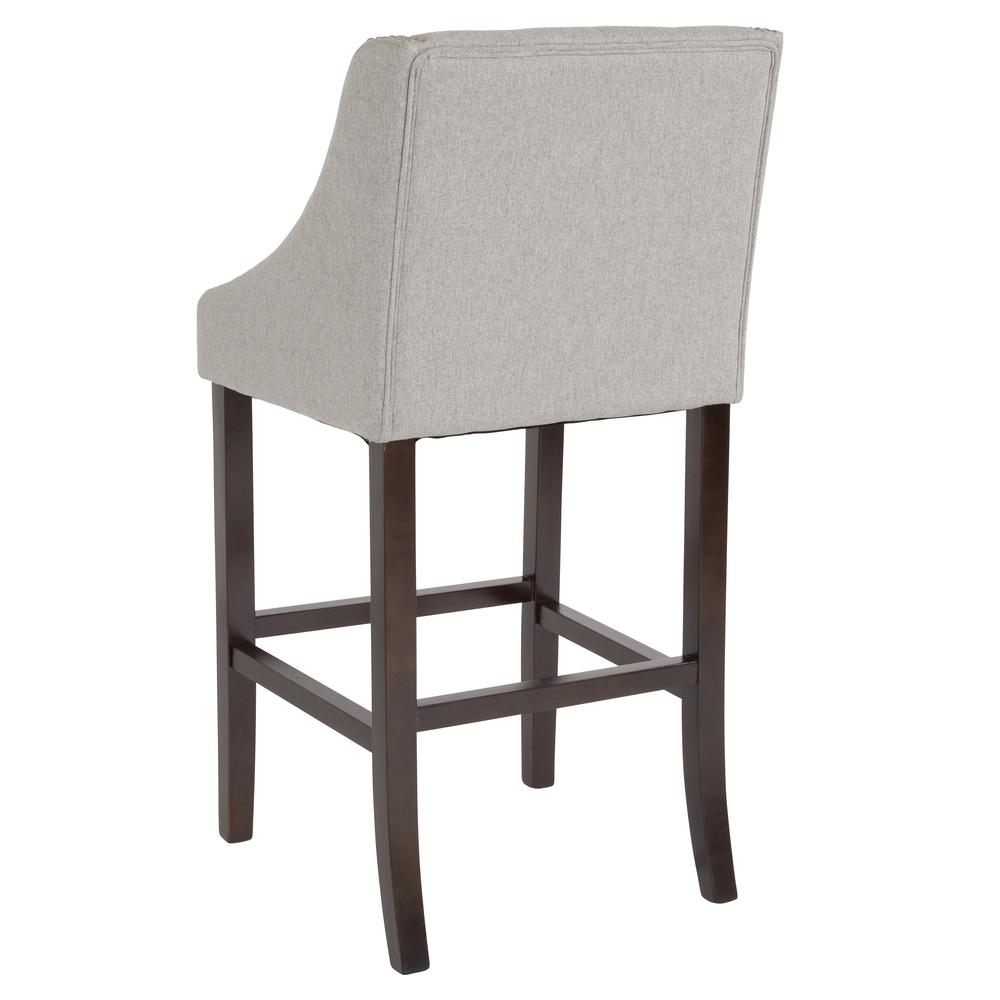 30" High Transitional Tufted Walnut Barstool with Accent Nail Trim in Light Gray Fabric. Picture 3