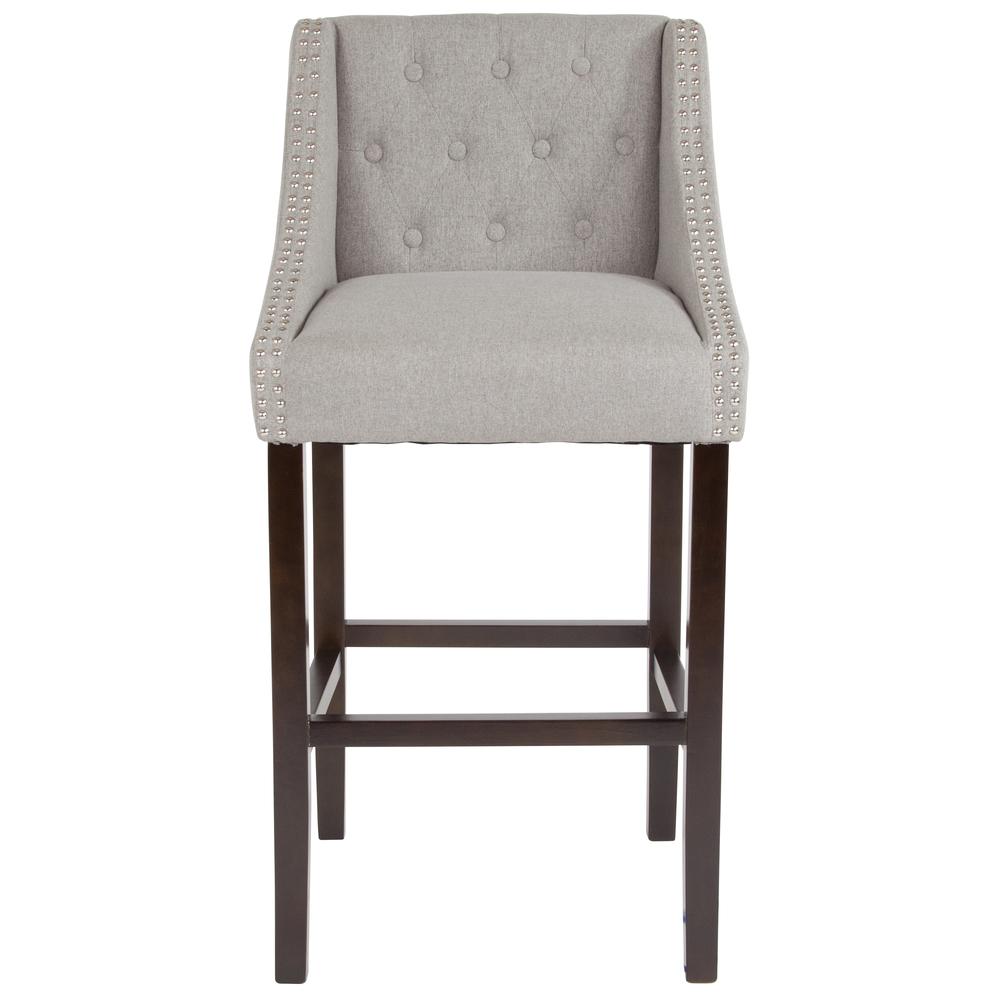 Carmel Series 30" High Transitional Tufted Walnut Barstool with Accent Nail Trim in Light Gray Fabric. Picture 4