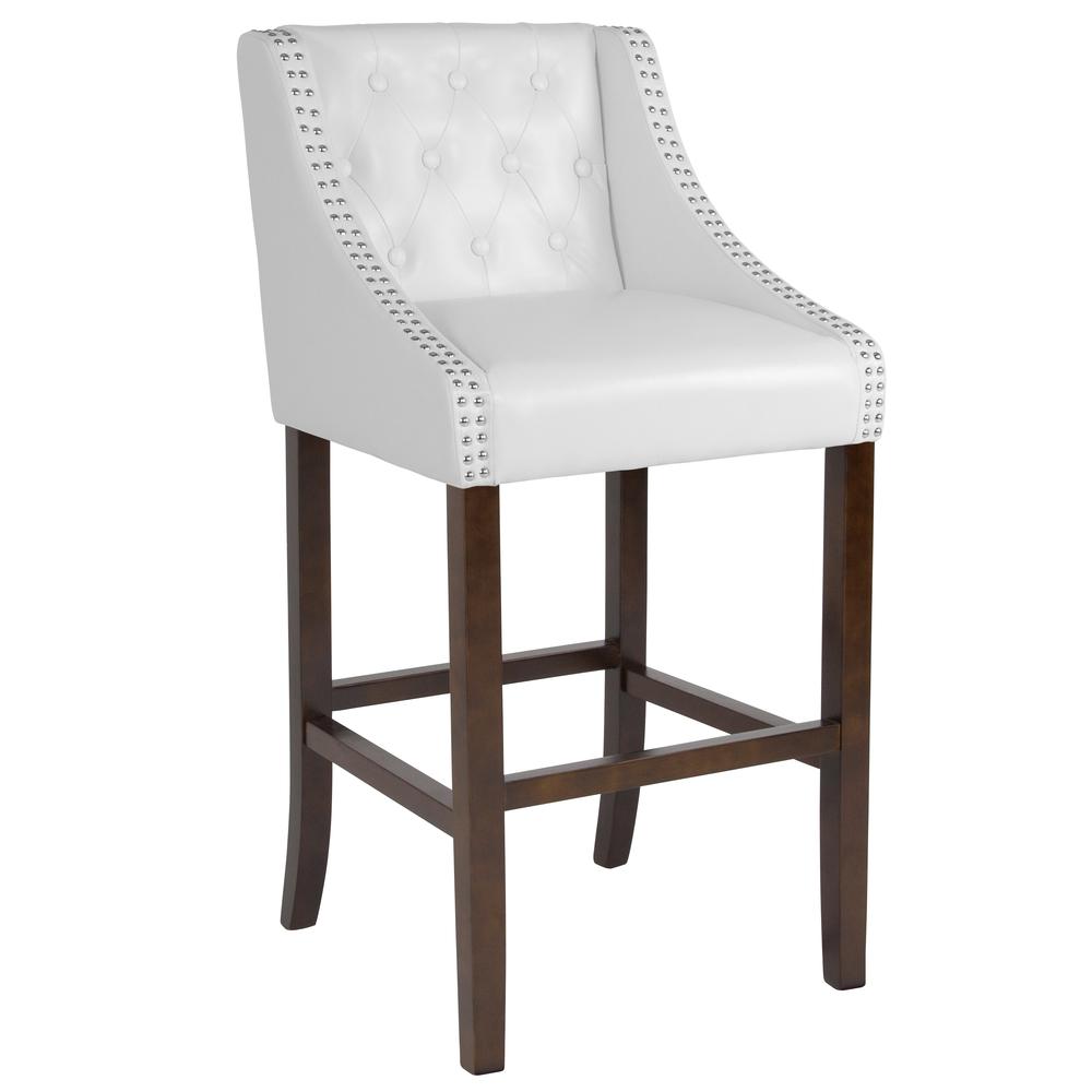 30" High Tufted Walnut Barstool with Accent Nail Trim in White LeatherSoft. Picture 1