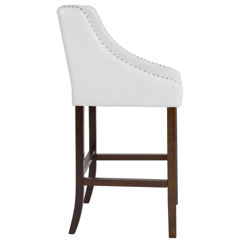 30" High Tufted Walnut Barstool with Accent Nail Trim in White LeatherSoft. Picture 2