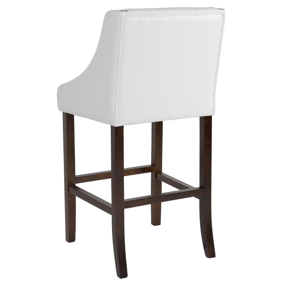 30" High Tufted Walnut Barstool with Accent Nail Trim in White LeatherSoft. Picture 3