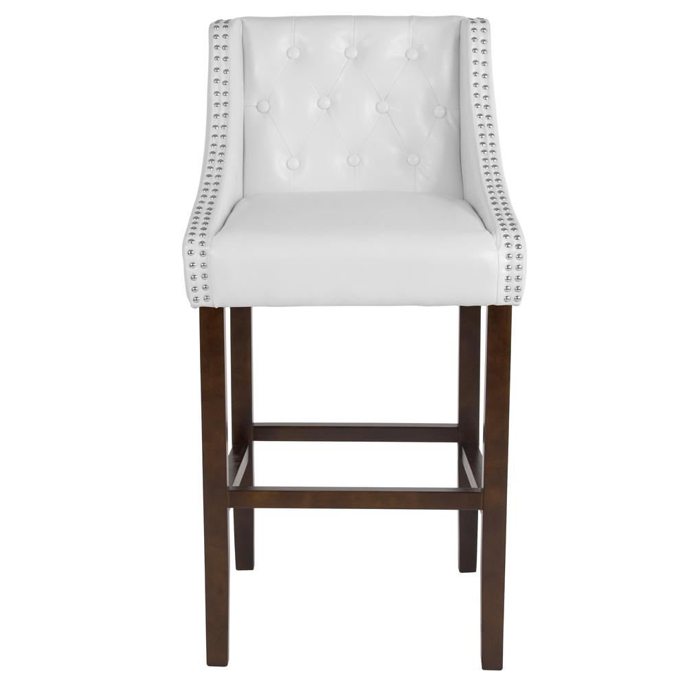 30" High Tufted Walnut Barstool with Accent Nail Trim in White LeatherSoft. Picture 4
