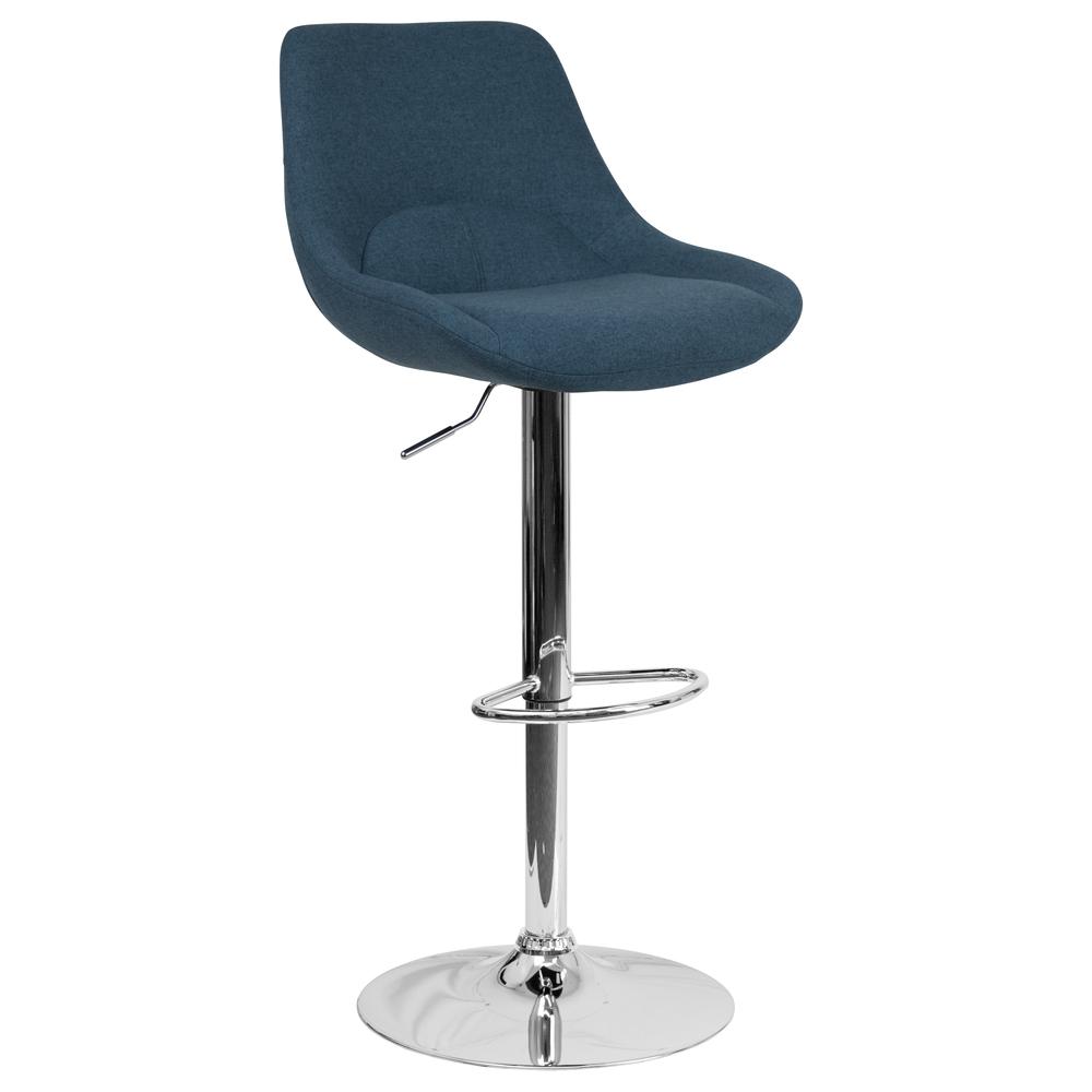 Contemporary Blue Fabric Adjustable Height Barstool with Chrome Base. Picture 1