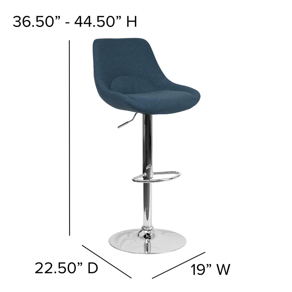 Contemporary Blue Fabric Adjustable Height Barstool with Chrome Base. Picture 4