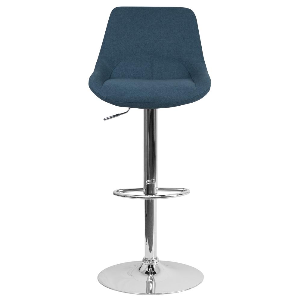 Contemporary Blue Fabric Adjustable Height Barstool with Chrome Base. Picture 5