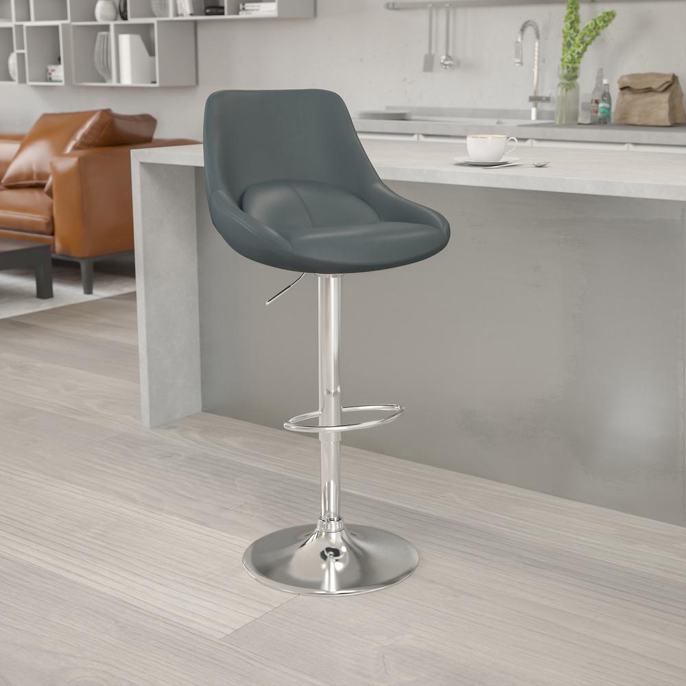 Contemporary Gray Vinyl Adjustable Height Barstool with Chrome Base. Picture 3