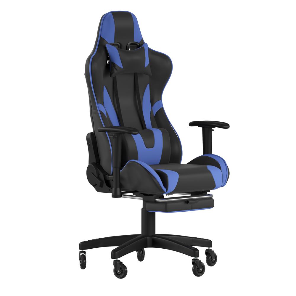 X30 Gaming Chair Racing Computer Chair with Reclining Back, Slide-Out Footrest, and Transparent Roller Wheels in Blue LeatherSoft. Picture 2