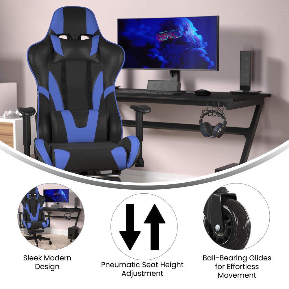 X30 Gaming Chair Racing Computer Chair with Reclining Back, Slide-Out Footrest, and Transparent Roller Wheels in Blue LeatherSoft. Picture 4