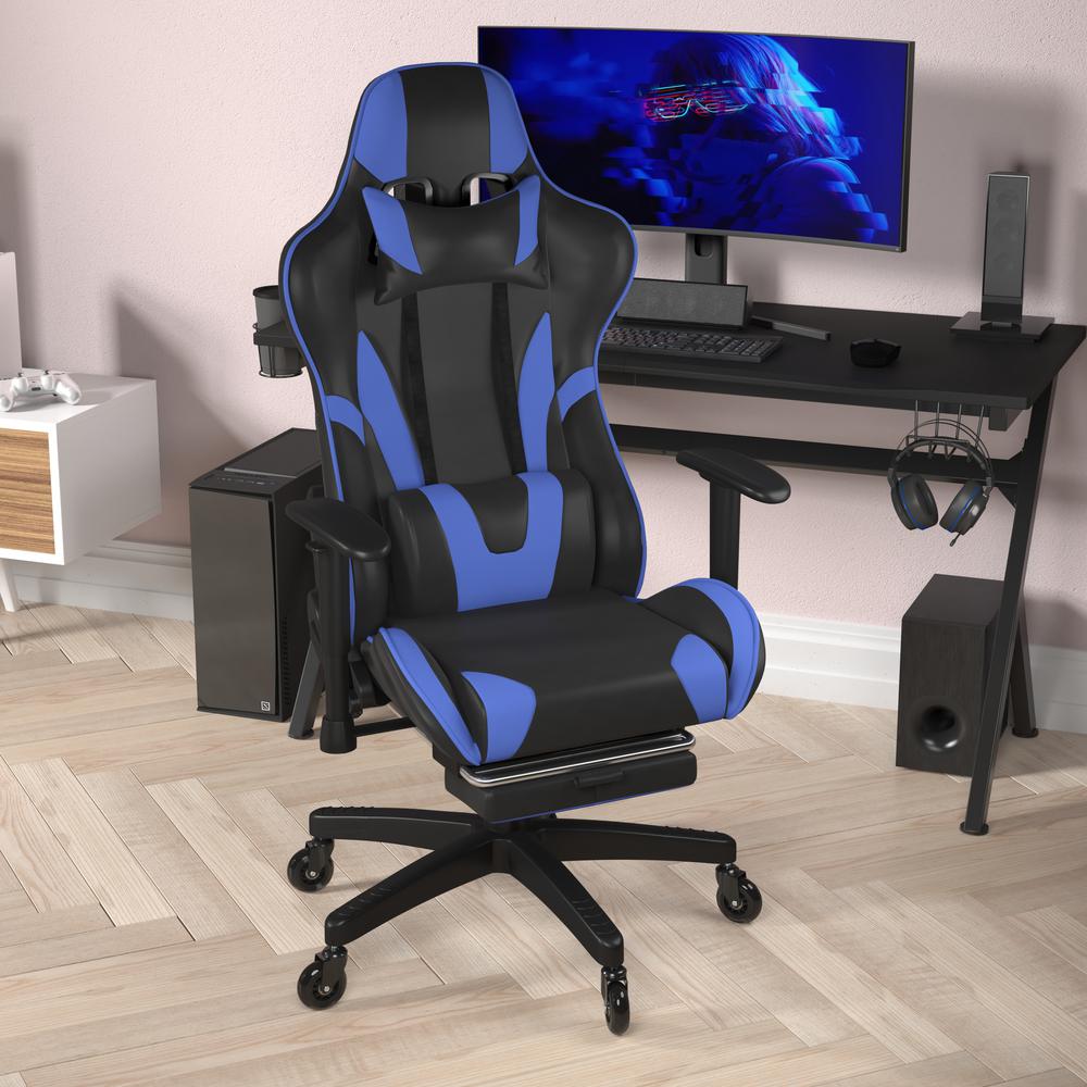 X30 Gaming Chair Racing Computer Chair with Reclining Back, Slide-Out Footrest, and Transparent Roller Wheels in Blue LeatherSoft. Picture 6