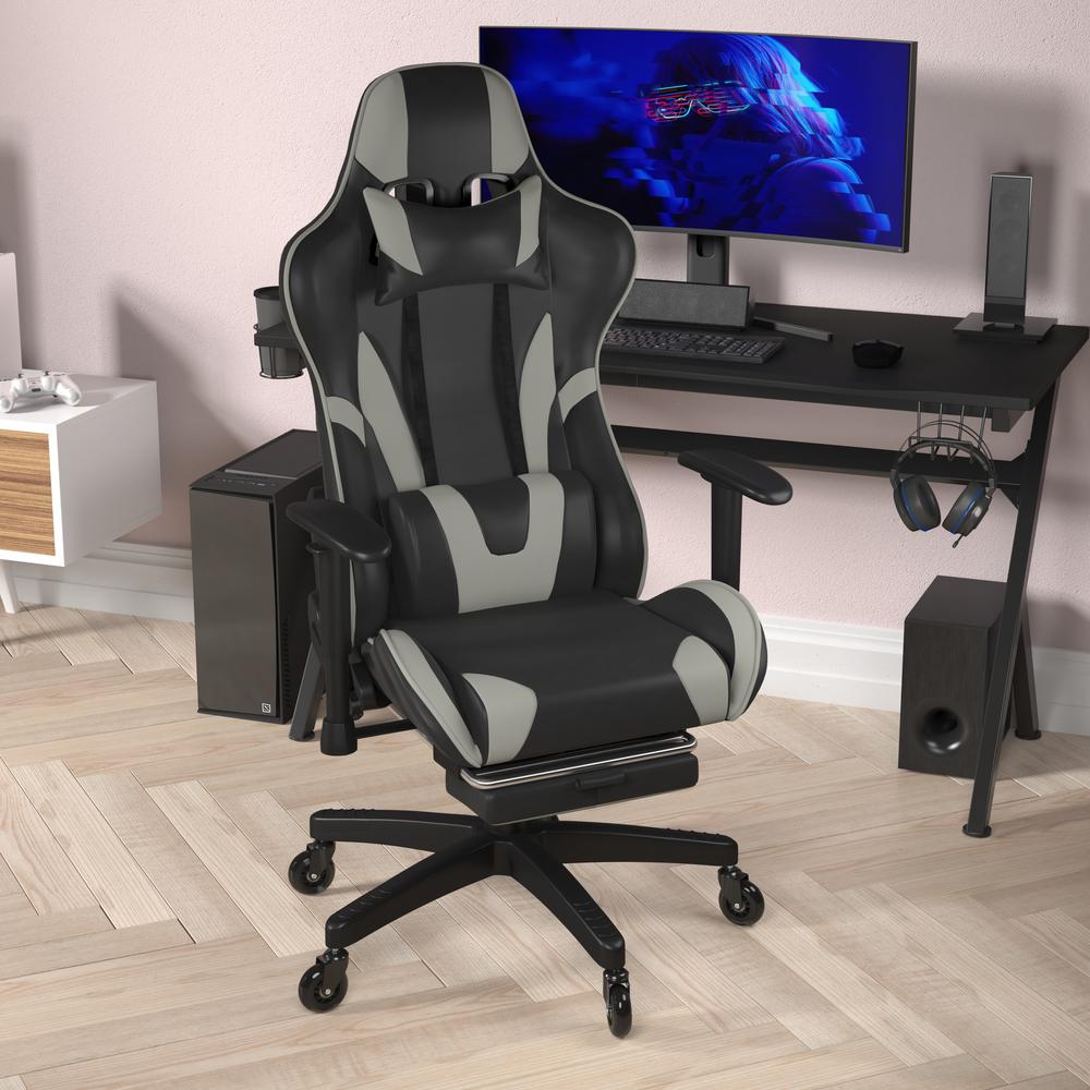 X30 Gaming Chair Racing Computer Chair with Reclining Back, Slide-Out Footrest, and Transparent Roller Wheels in Gray LeatherSoft. Picture 6