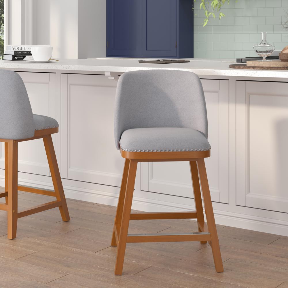 Set of 2 24 Inch Faux Linen Upholstered Counter Stools, Gray. Picture 1
