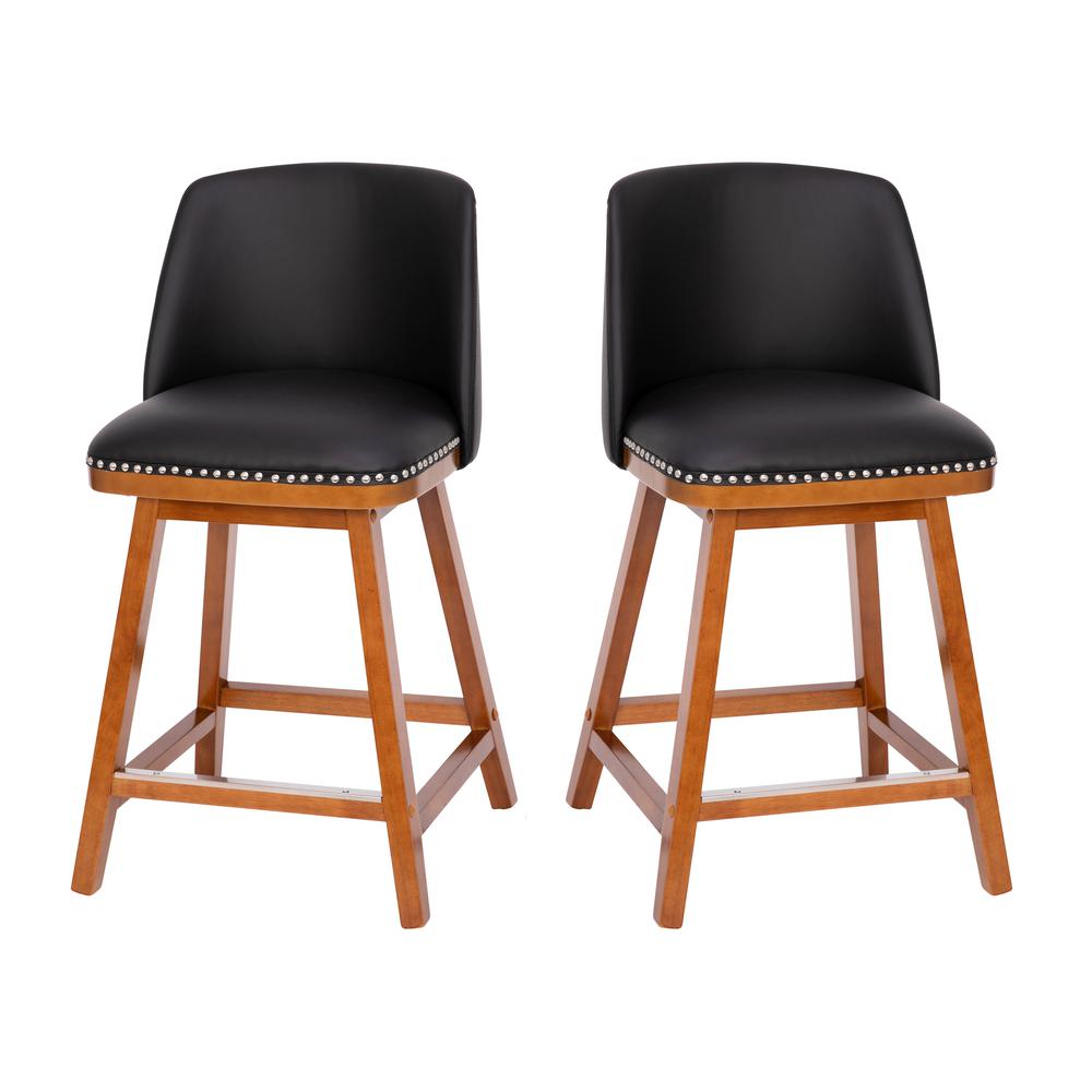 Set of 2 24 Inch Upholstered Counter Stools with Silver Nailhead Trim, Black. Picture 1
