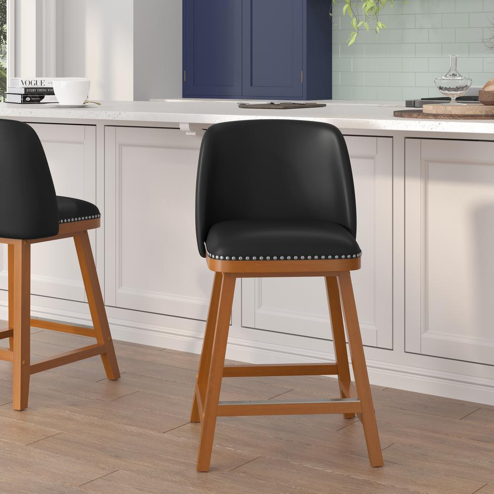 Set of 2 24 Inch Upholstered Counter Stools with Silver Nailhead Trim, Black. Picture 11