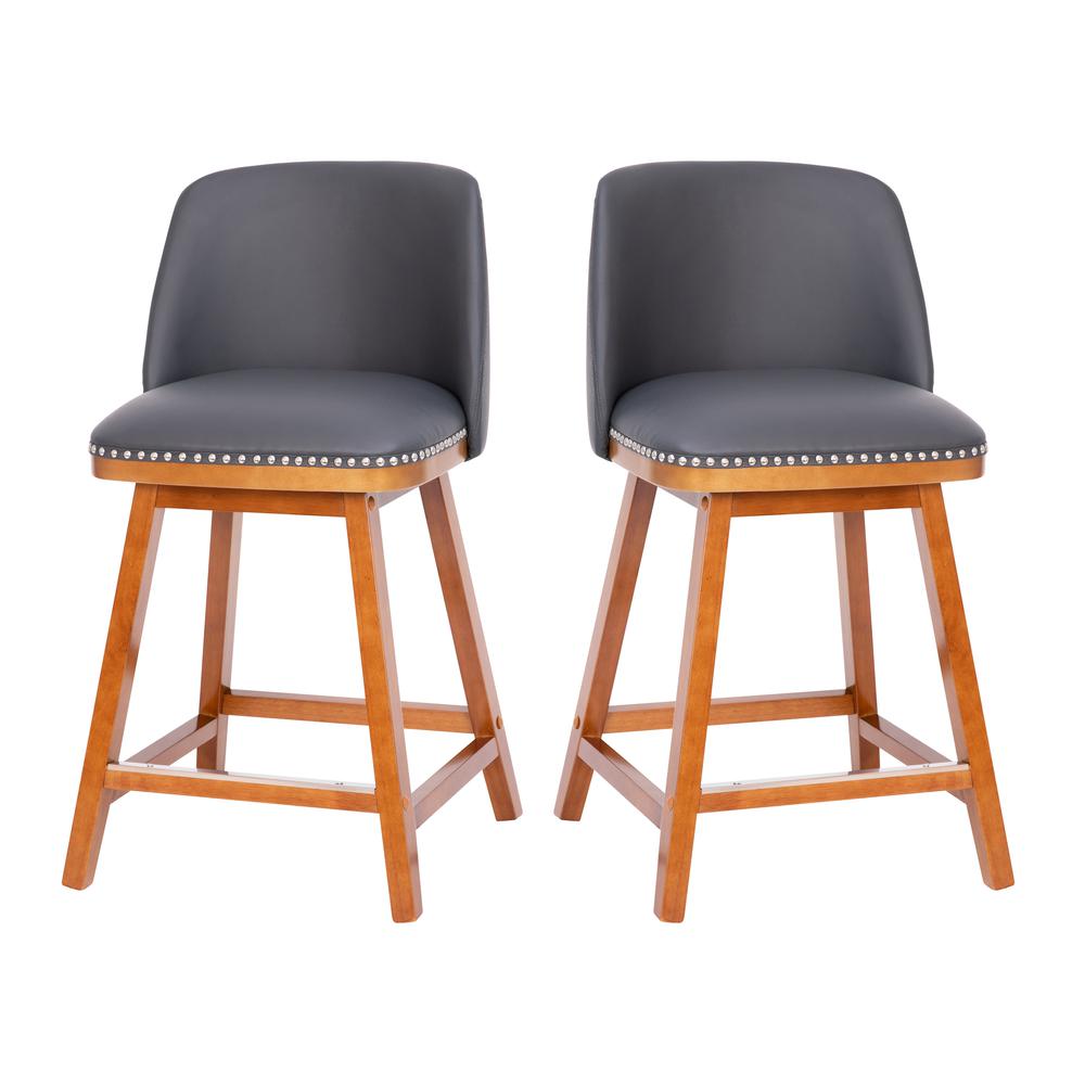 Set of 2 24 Inch Upholstered Counter Stools with Silver Nailhead Trim, Gray. Picture 1