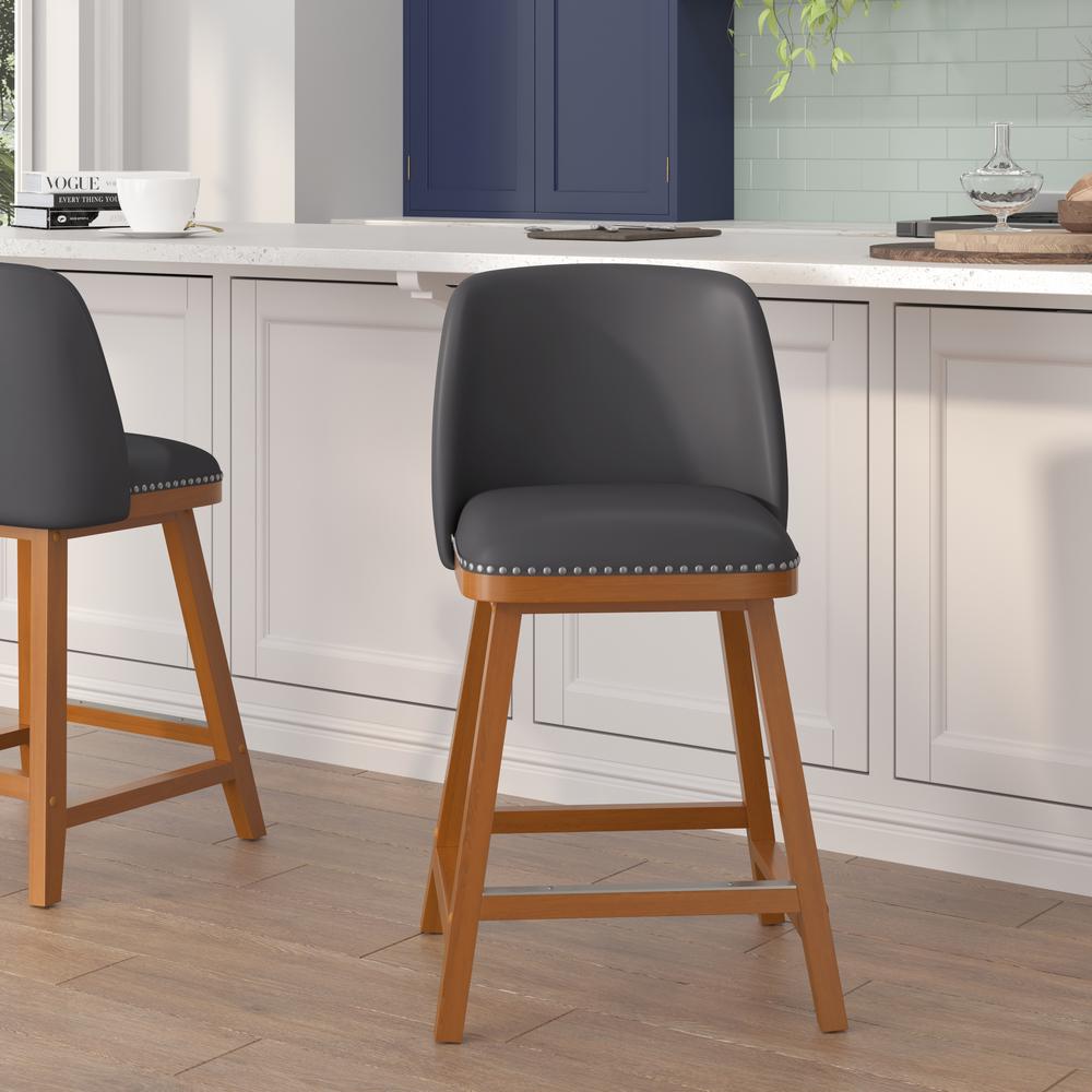 Set of 2 24 Inch Upholstered Counter Stools with Silver Nailhead Trim, Gray. Picture 8