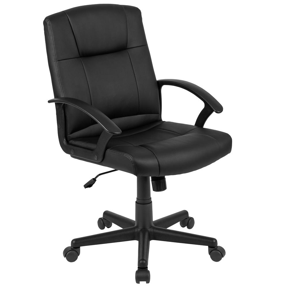 Flash Fundamentals Mid-Back Black LeatherSoft-Padded Task Office Chair with Arms. Picture 1