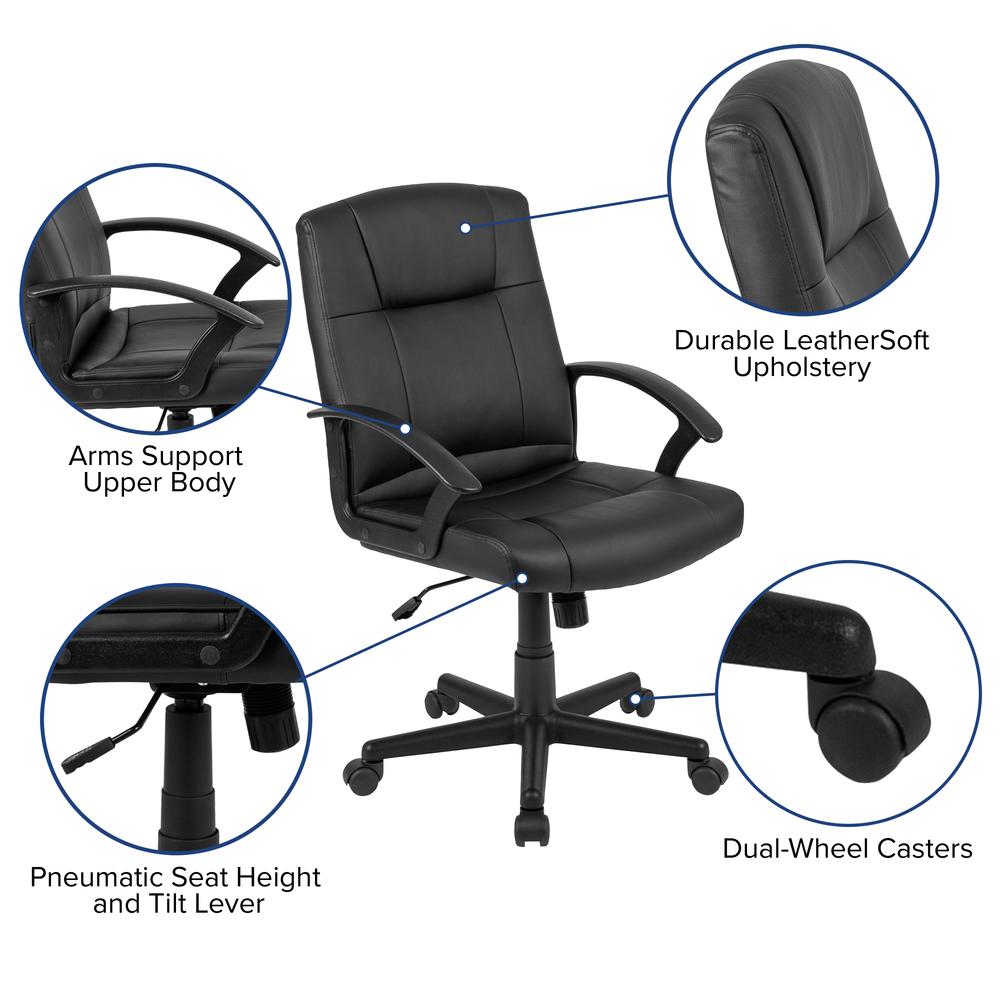 Flash Fundamentals Mid-Back Black LeatherSoft-Padded Task Office Chair with Arms, BIFMA Certified. Picture 6