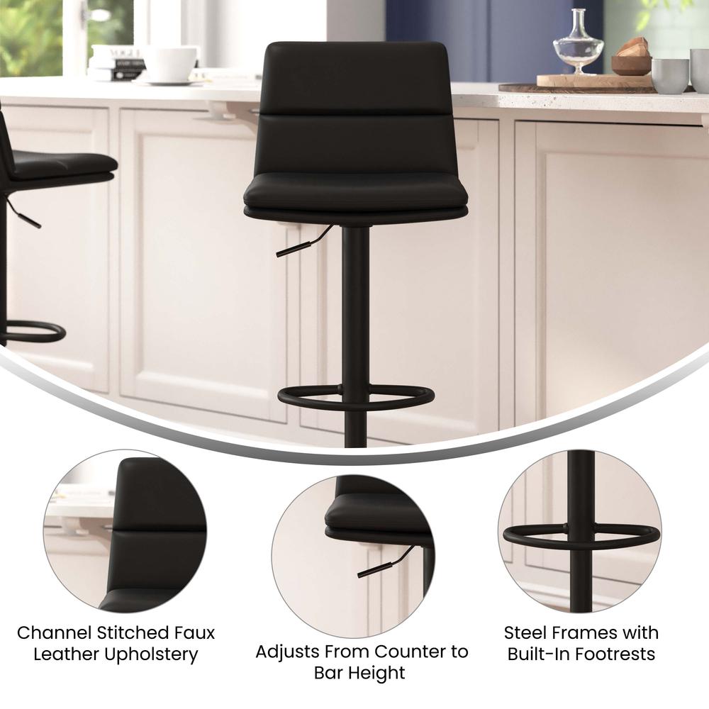 Mid-Back Adjustable Height Channel Stitched Barstools, Set of 2, Black. Picture 4