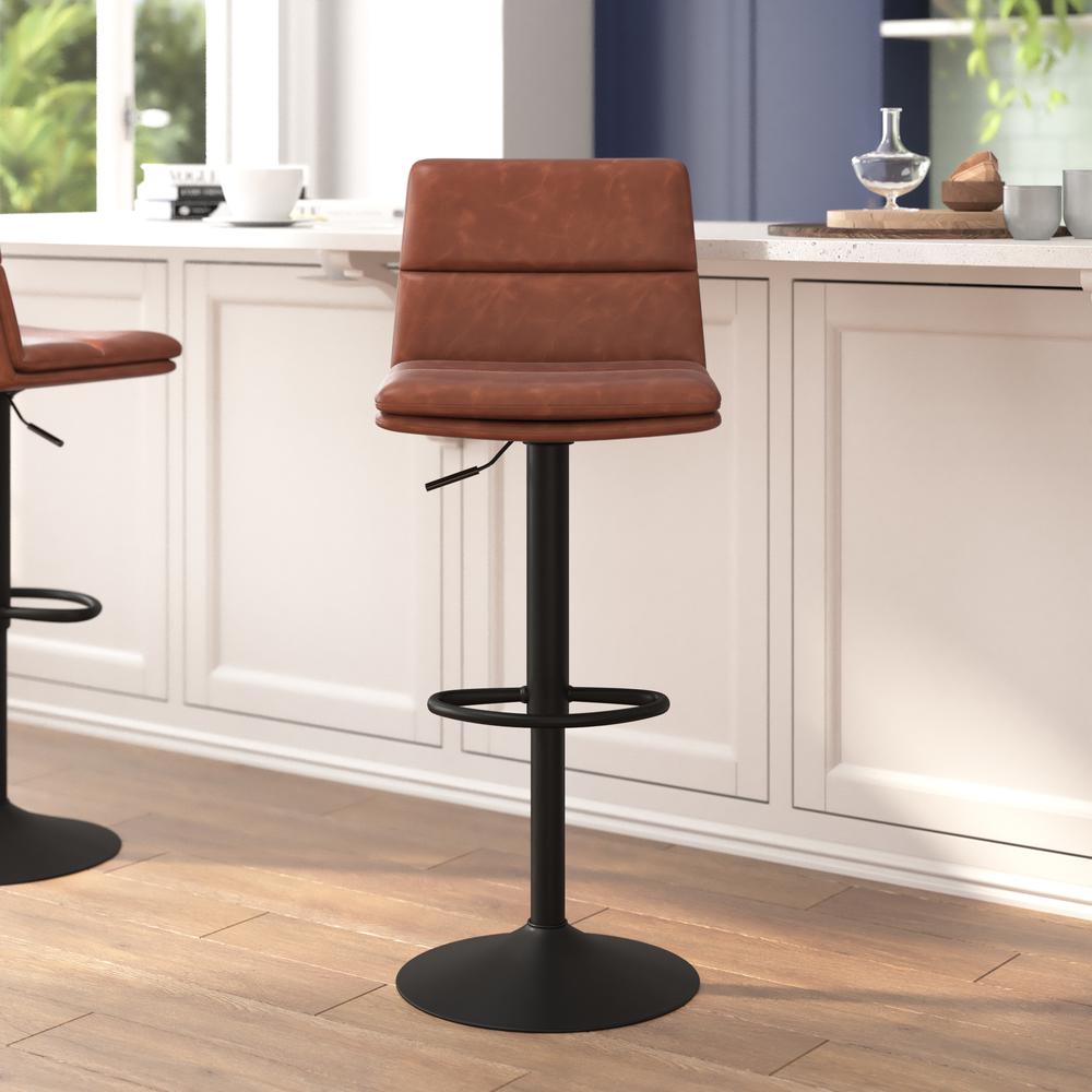 Hughes Commercial Grade Modern Mid-Back Adjustable Height LeatherSoft Channel Stitched Barstools, Set of 2, Cognac. Picture 1