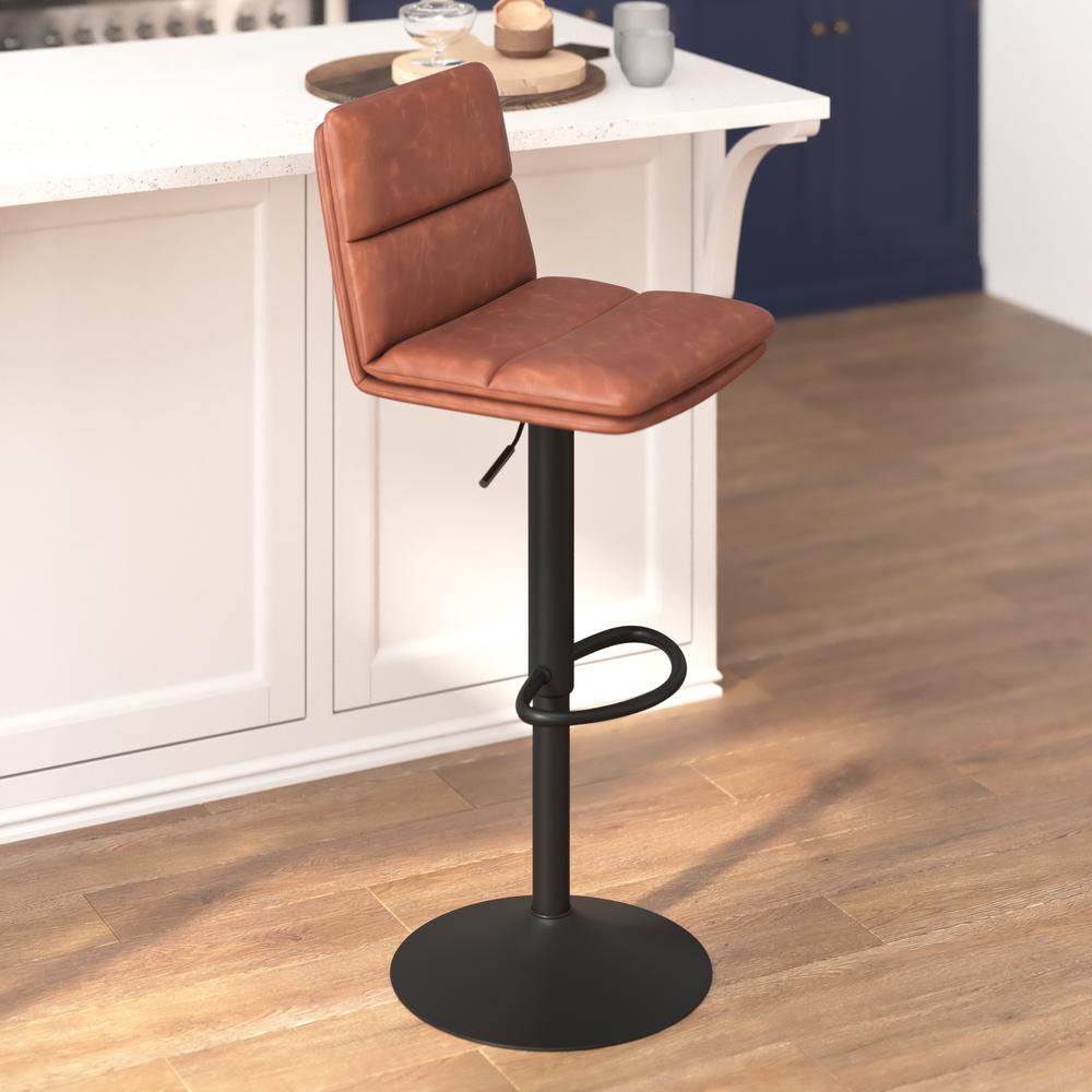 Hughes Commercial Grade Modern Mid-Back Adjustable Height LeatherSoft Channel Stitched Barstools, Set of 2, Cognac. Picture 6