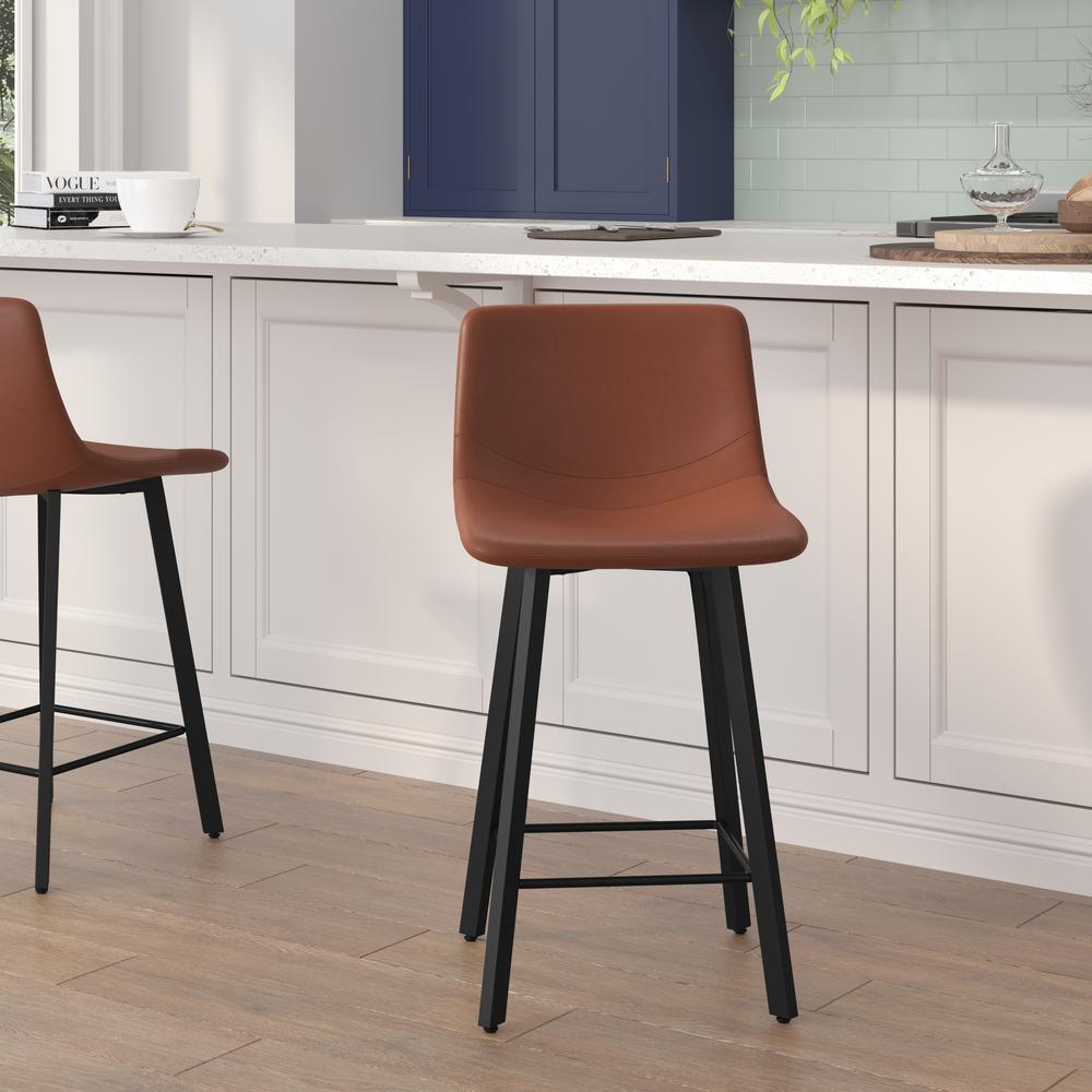 Armless 24 Inch Counter Height Stools with Footrests in Cognac, Set of 2. Picture 1