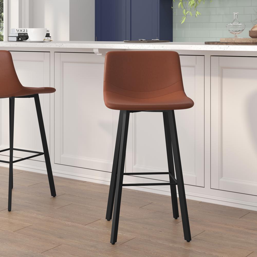 Armless 30 Inch Bar Height Barstools with Footrests in Cognac, Set of 2. Picture 1