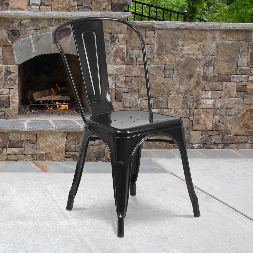 Commercial Grade Black Metal Indoor-Outdoor Stackable Chair. Picture 9