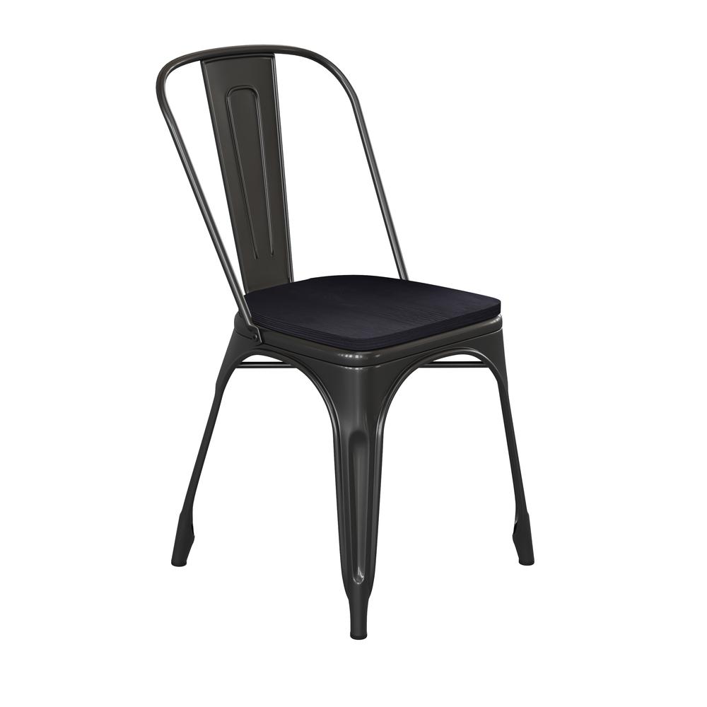 Black Metal Indoor-Outdoor Stackable Chair with Black Poly Resin Wood Seat. Picture 2