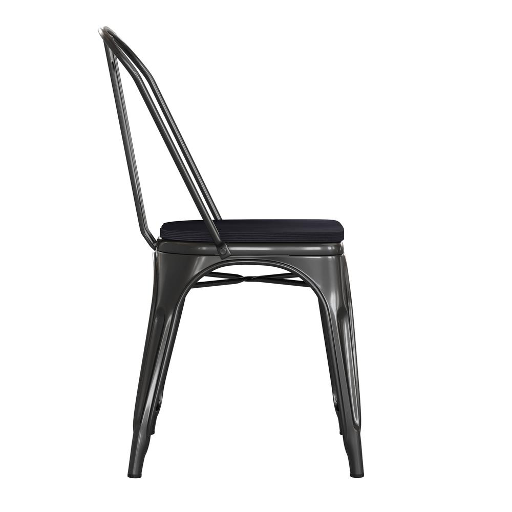 Black Metal Indoor-Outdoor Stackable Chair with Black Poly Resin Wood Seat. Picture 10