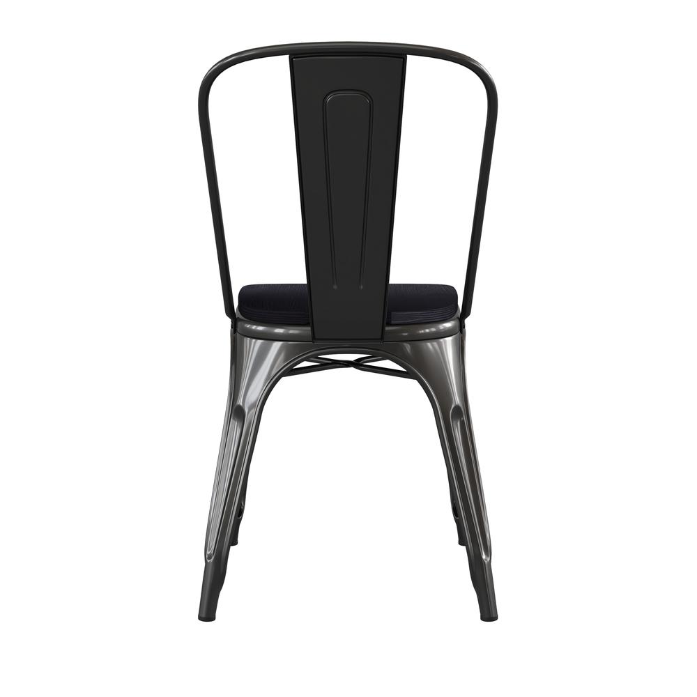 Black Metal Indoor-Outdoor Stackable Chair with Black Poly Resin Wood Seat. Picture 9