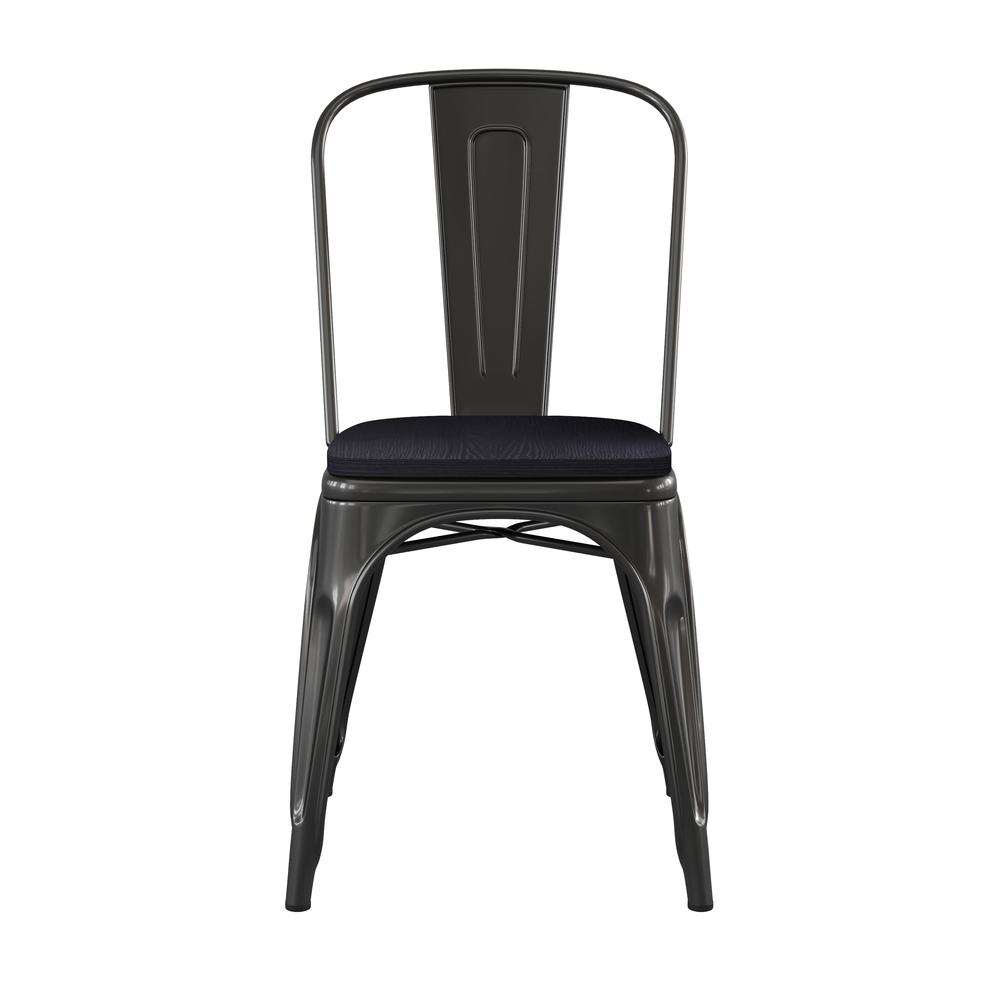 Black Metal Indoor-Outdoor Stackable Chair with Black Poly Resin Wood Seat. Picture 11