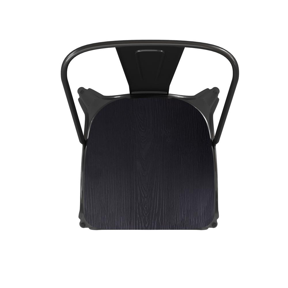 Black Metal Indoor-Outdoor Stackable Chair with Black Poly Resin Wood Seat. Picture 12