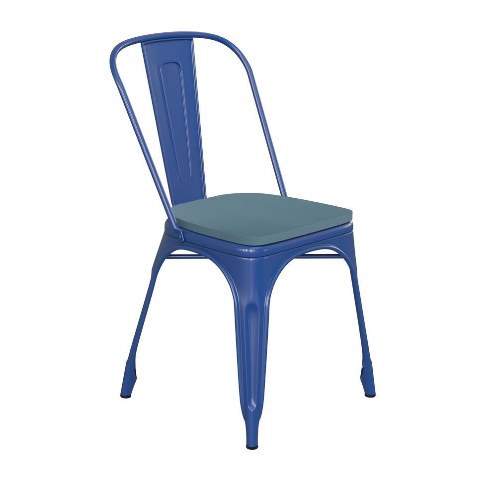 Blue Metal Indoor-Outdoor Stackable Chair with Teal-Blue Poly Resin Wood Seat. Picture 1