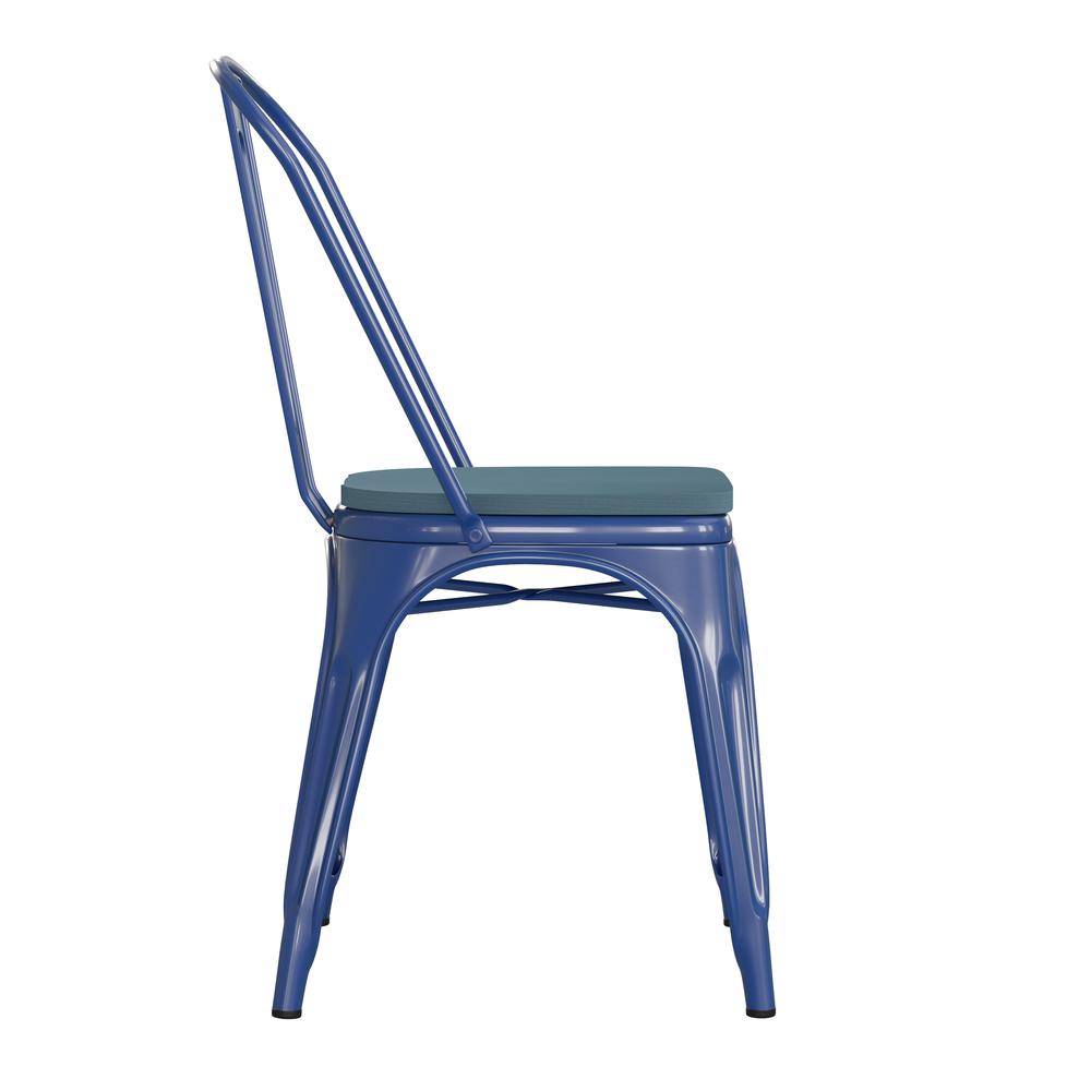 Blue Metal Indoor-Outdoor Stackable Chair with Teal-Blue Poly Resin Wood Seat. Picture 10