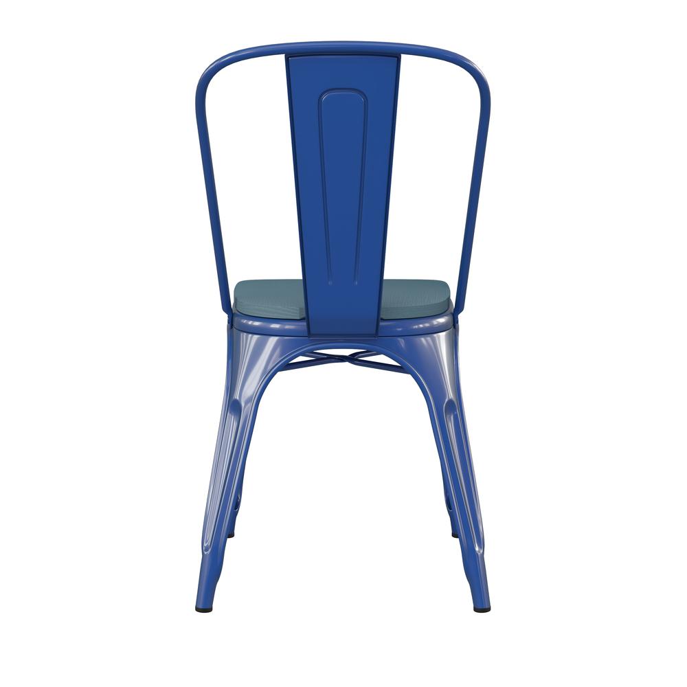 Blue Metal Indoor-Outdoor Stackable Chair with Teal-Blue Poly Resin Wood Seat. Picture 9