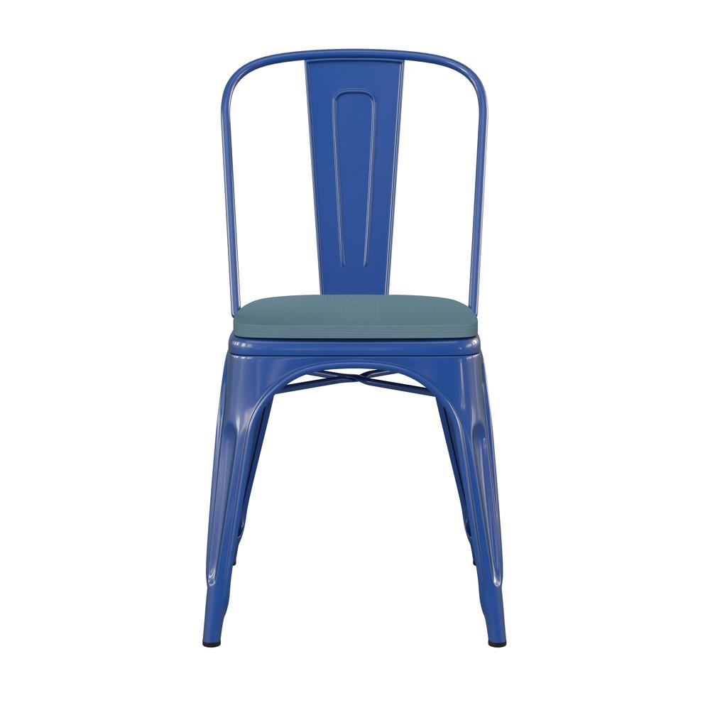Blue Metal Indoor-Outdoor Stackable Chair with Teal-Blue Poly Resin Wood Seat. Picture 11