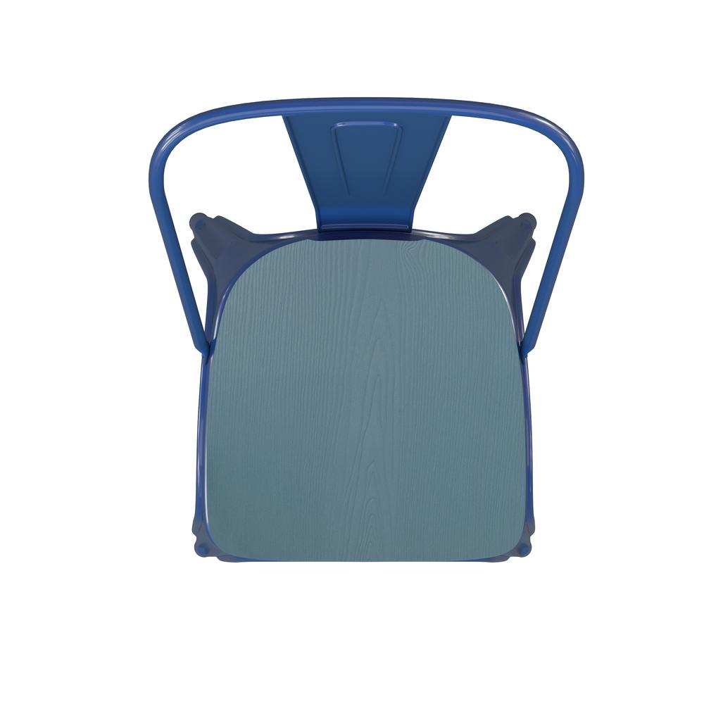 Blue Metal Indoor-Outdoor Stackable Chair with Teal-Blue Poly Resin Wood Seat. Picture 12