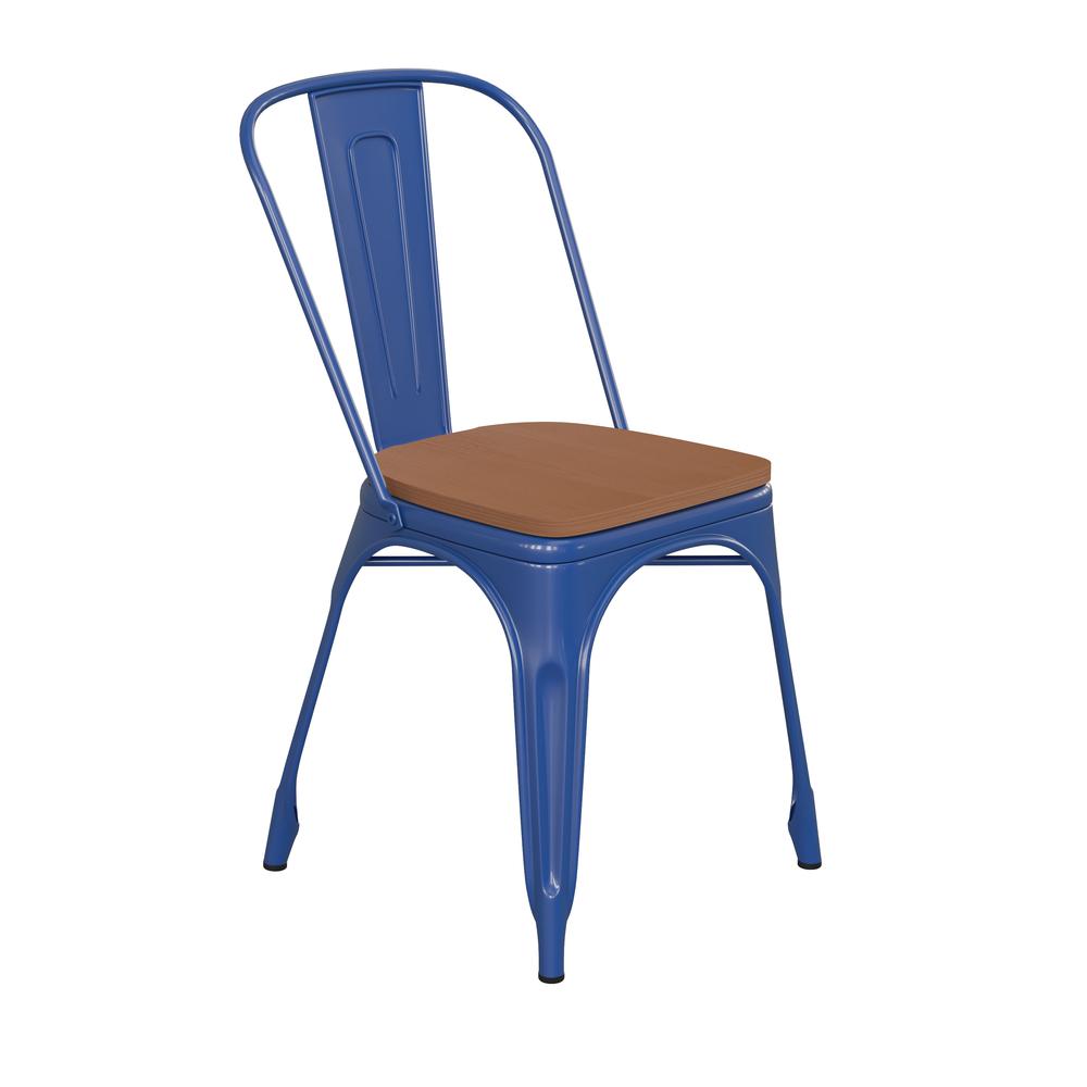 Blue Metal Indoor-Outdoor Stackable Chair with Teak Poly Resin Wood Seat. Picture 2