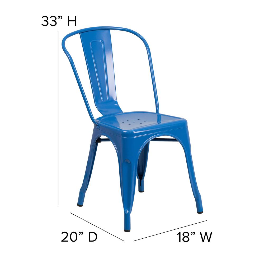 Blue Metal Indoor-Outdoor Stackable Chair with Teak Poly Resin Wood Seat. Picture 5