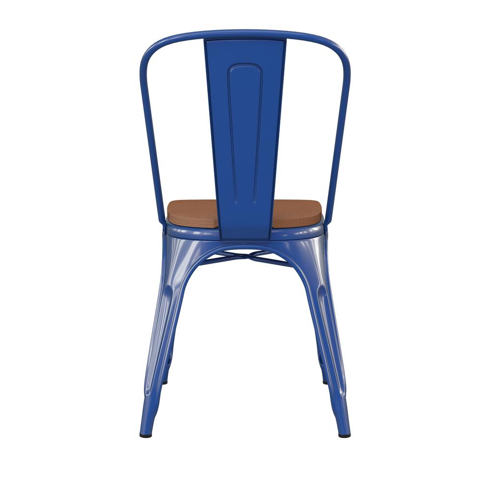 Blue Metal Indoor-Outdoor Stackable Chair with Teak Poly Resin Wood Seat. Picture 9