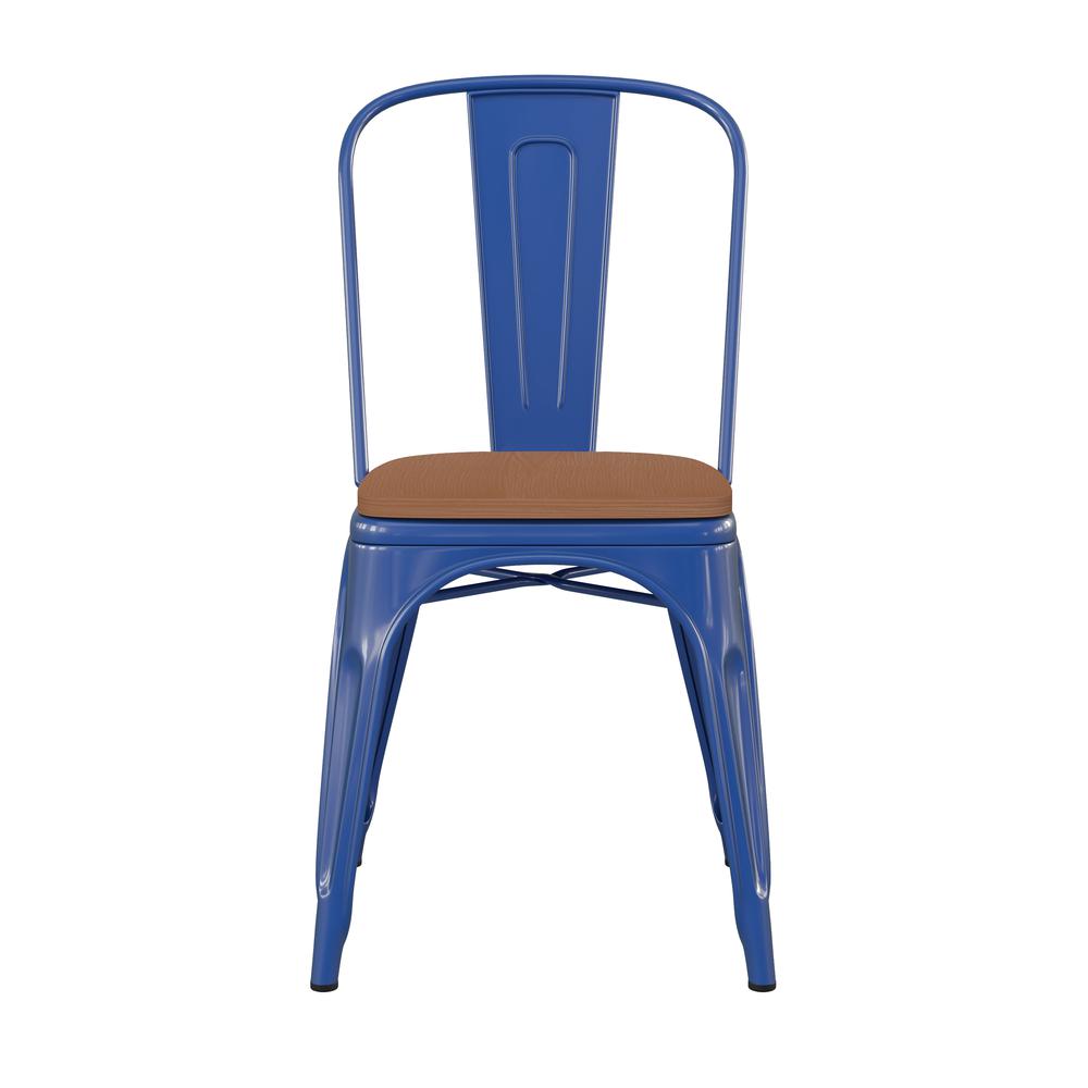 Blue Metal Indoor-Outdoor Stackable Chair with Teak Poly Resin Wood Seat. Picture 11
